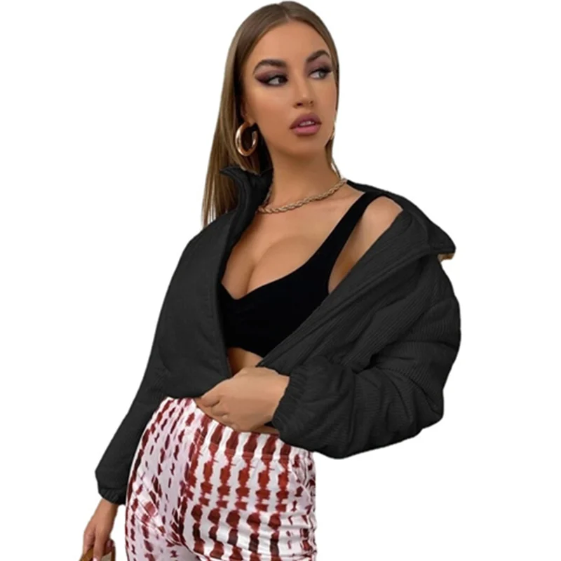 

Mandylandy Winter Corduroy Short Jacket Women Korean Style Thick Zipper Cotton Parkas Woman Stand Collor Warm Outwear Coats
