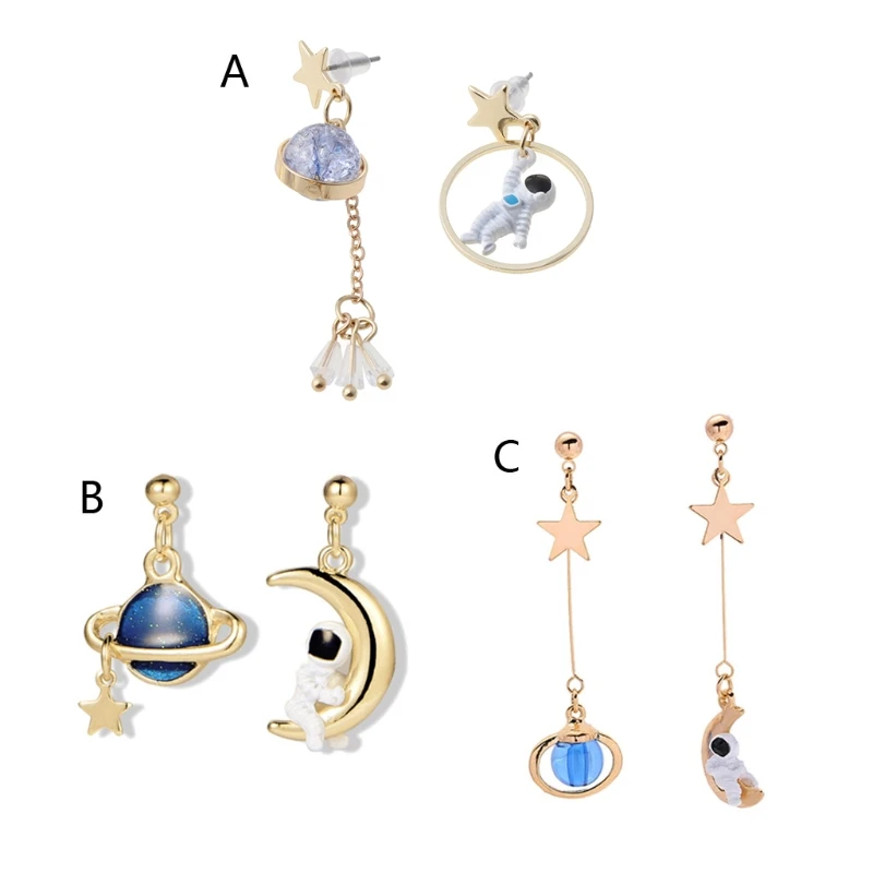

Chic Asymmetric Ear Studs Niche Moon Planet Astronaut Dangle Earrings Gift for Anniversary Birthday Graduation Christmas