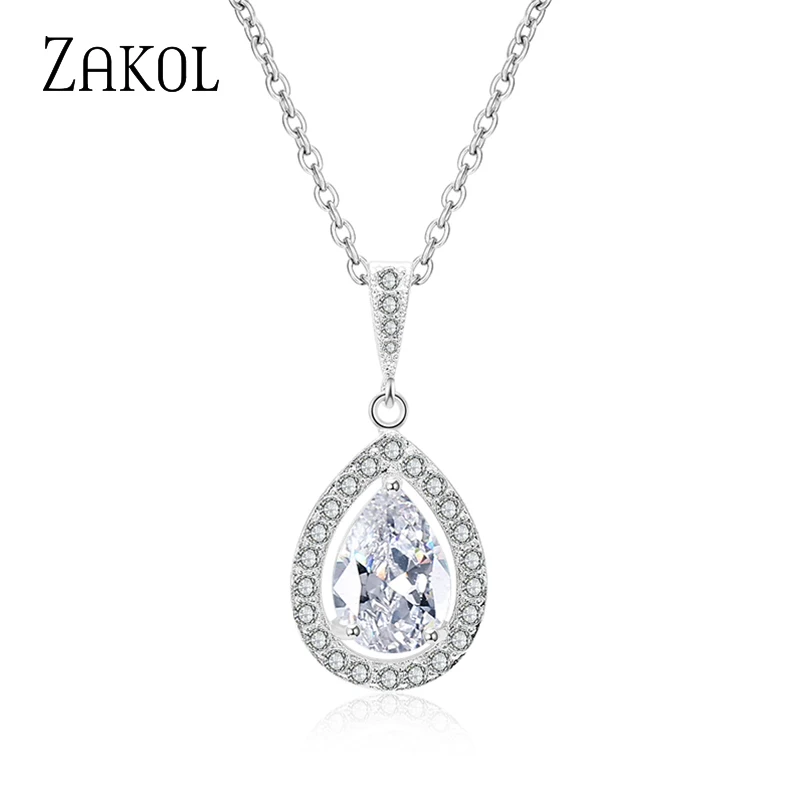 

ZAKOL Fashion Clear Water Drop Zircon Pendant Necklace Shiny Crystal Bridal Wedding Jewelry For Women Girl Party Gifts FSNP077
