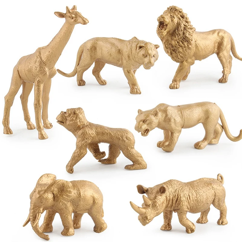 

7 Piece/Set Static Gold Edition Simulation Zoo Model Toys Decoration Lion Rhino Giraffe Gift Decoration Toy