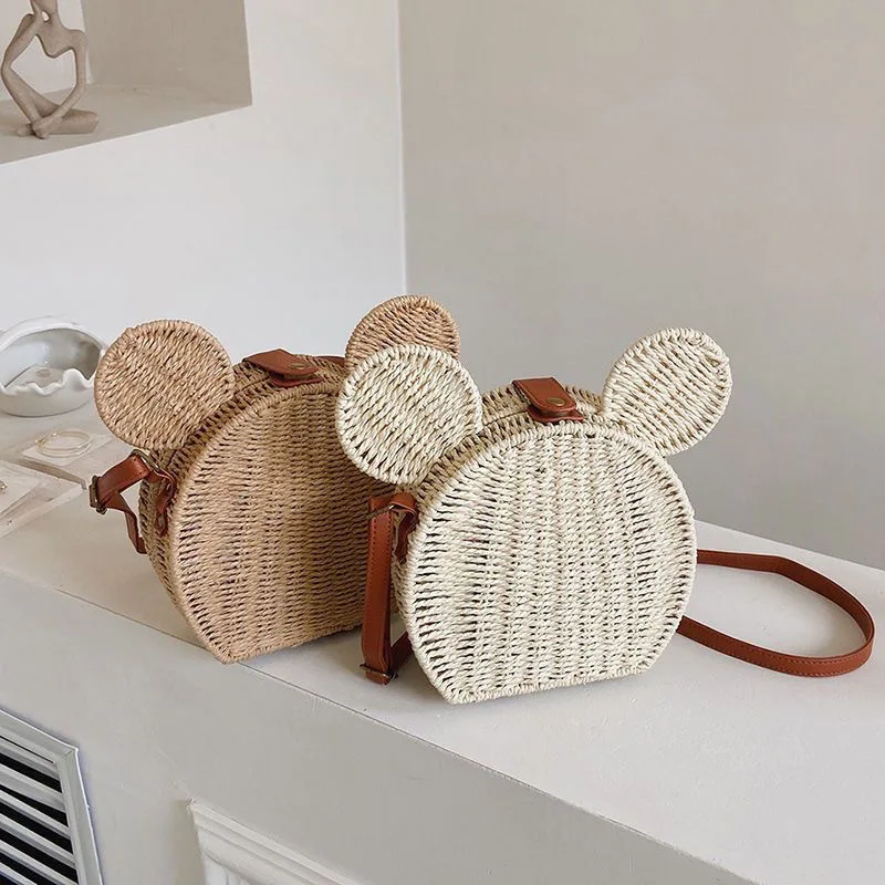 

NEW Disney Women's Designer Straw Fancy Bags Cute Rattan Handbag Travel Leisure Vacation Small Round Beach Mickeying Mouse Bags