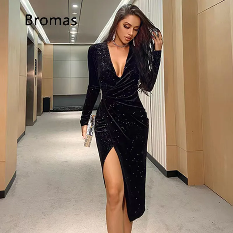 

2022 Fall Women's Fashion Elegant Party Dress Solid Color Sexy Deep V Neck Long Sleeve Side Slit Leggings Mid Length Skinny Dre