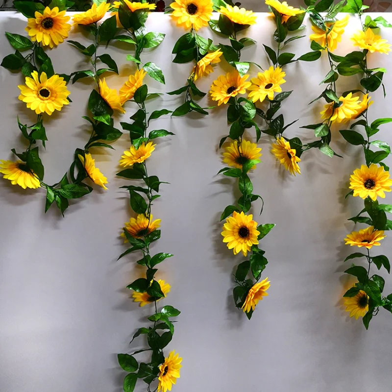 

2.5M Yellow Sunflower Vine Hanging Artificial Flowers Garland Leaves Fake Silk Flowers For Party Wedding Home Decoration
