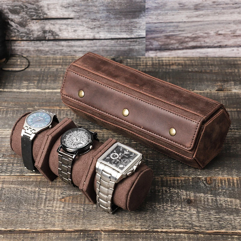 hexagon shaped brown color Travel Roll Portable 3 Watch Display Storage genuine leather Watch Display Holder Cases