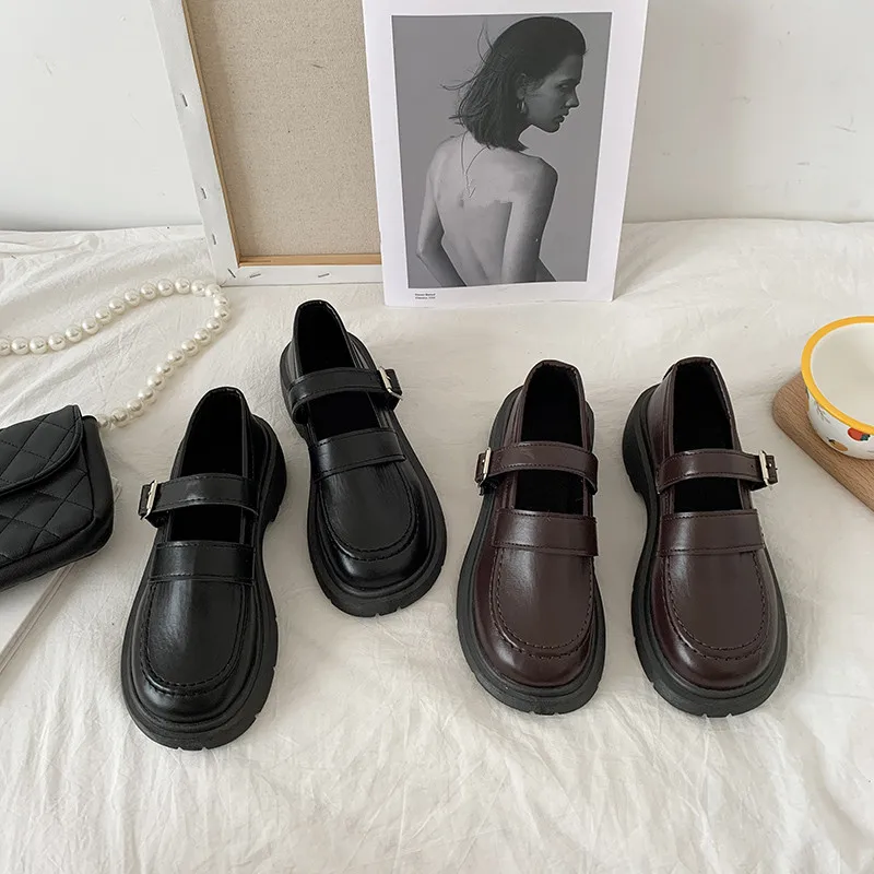 

Flat Black Shoes For Women Clogs Platform Oxfords Low Heels Summer Creepers Leather Retro Basic PU Rome Rubber Mary Janes Hoof
