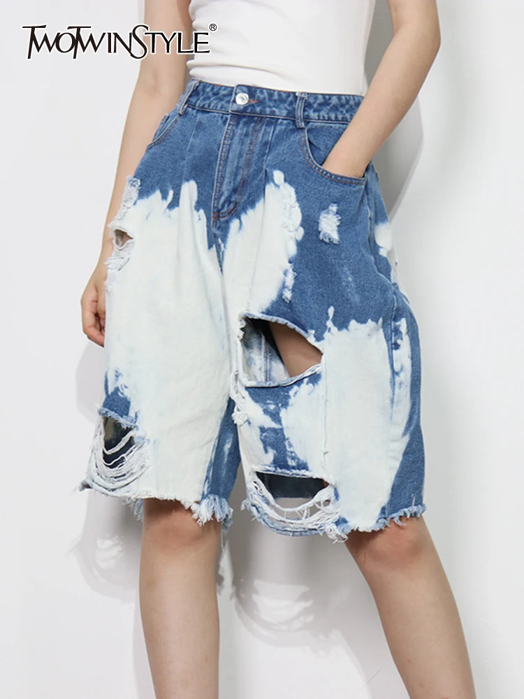 

TWOTWINSTYLE Streetwear Patchwork Hole Pants For Women High Waist Denim Wide Leg Casual Trousers Female Fashion New Style 2022