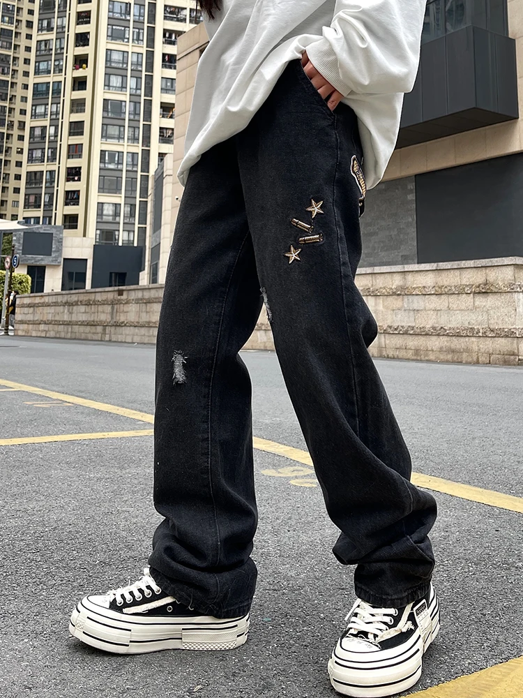 Men's Jeans Solid Color Y2k Retro Pistol Embroidery Large -sized Men and Female Denim Trousers Street Clothing Trend Ins Hotel