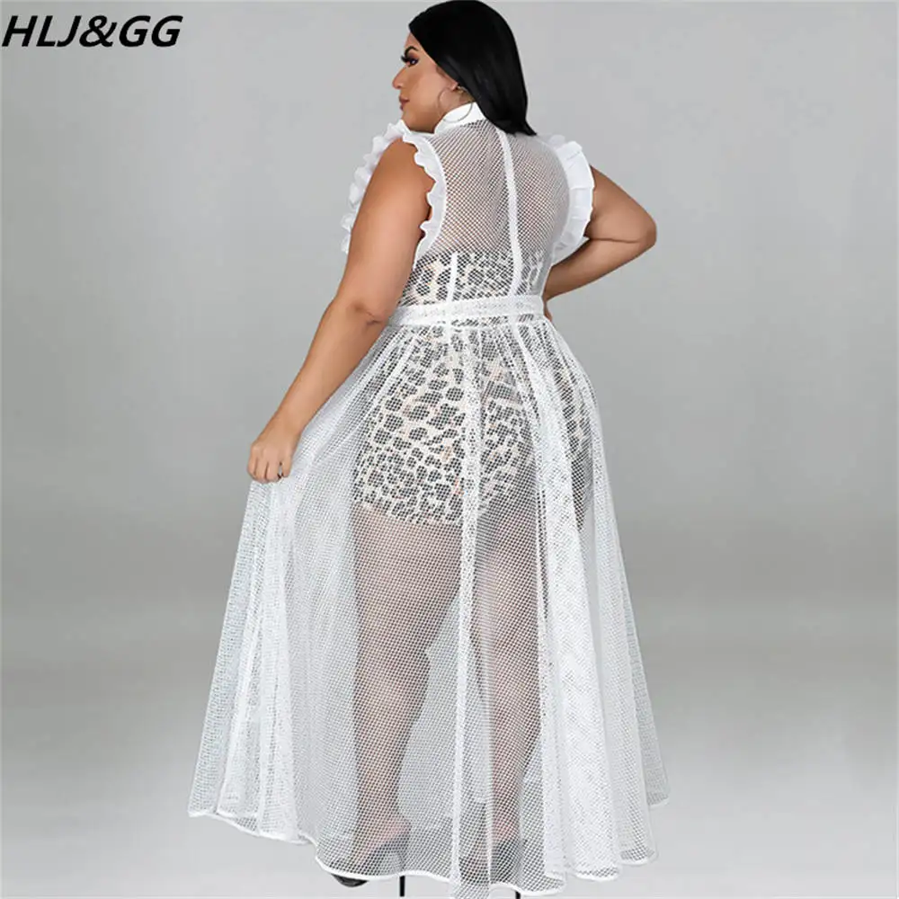 HLJ&GG Sexy Hollow Out Solid Dresses Plus Size Women Clothing XL-5XL Fashion Mesh Sleeve Belt Maxi Dress Vestidos Dropshipping