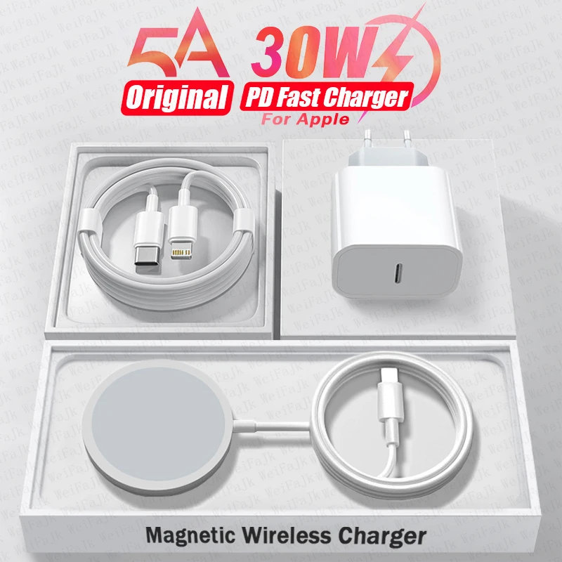 Фото Оригинальное Беспроводное зарядное устройство Apple Magsafe для iPhone 16 15 14 13 12 11 Pro Max SE Mini X XS XR 8 Plus, кабель с молнией типа C для быстрой зарядки №1
