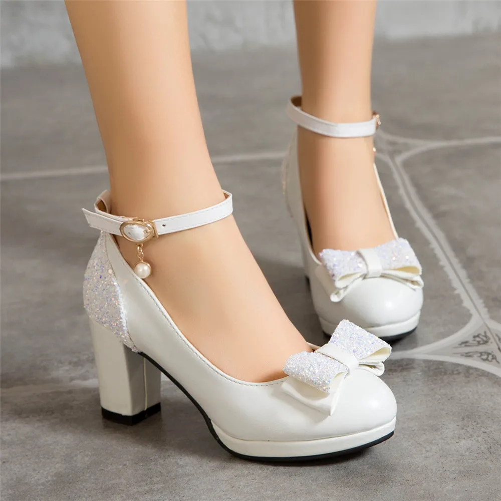 2023 New Platform Women Mary Jane Pumps Sweet Sequin Cloth Butterfly Knot Ladies Square High Heels Shoes Party Wedding Mujer
