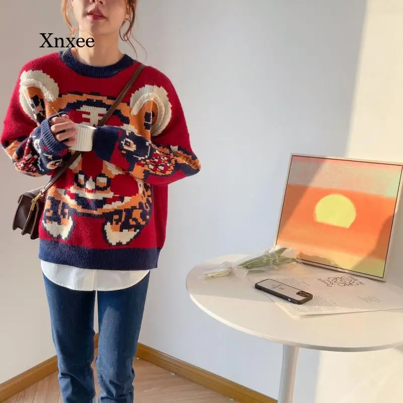 

2022 Tiger Zodiac Sweaters Autumn Women Long Sleeve Hit Color Streetwear Pullovers Chinese New Year Lady Leopard Print Jumper