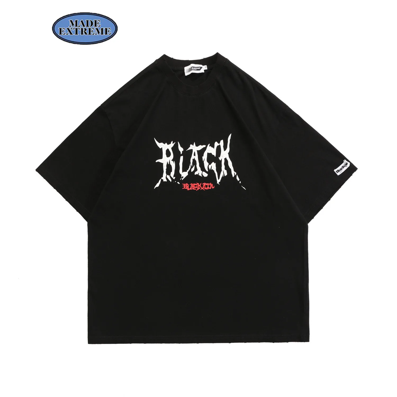 BLACKAIR Flame text short sleeve t shirts high street retro casual shirt men oversized gothic tops graphic tees streetwear |