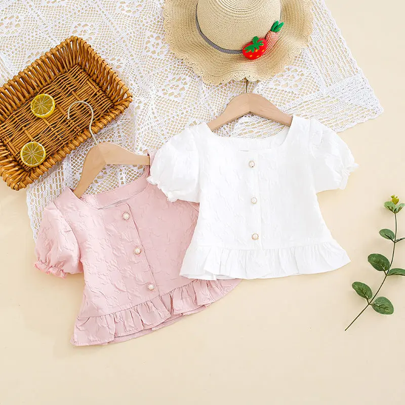 

Sleeve New Children Blue Kids 2022 Lace Blouse Cardigan Girls Girls Style Pink Korean Summer Baby Puff Blouses Lotus Shirts Tops