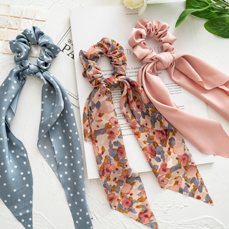 

2022 Print Hair Scarf Bowknot Scrunchie Elastic Hair Bands For Women Girls Solid Color Hair Ties Ponytail Holder Hair Accessorie