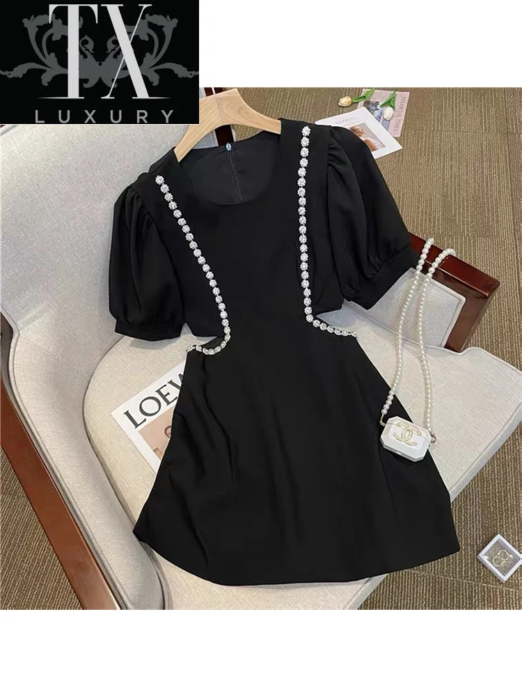 

French Elegant Dress Women's Clothes Retro Sexy Hollow Out Puff Sleeve Slim Summer Mini Frocks Casual A-line Lady Party Vestidos