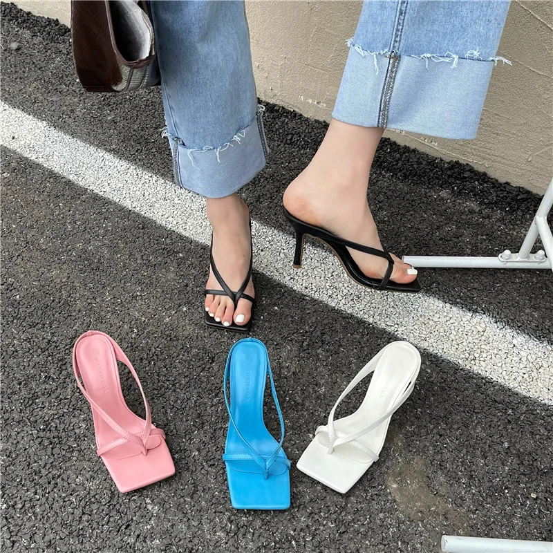 

2022 New Summer High Heel Sandals Fashion Rhinestones Thin Heels Woman Slides Square Toe Solid Color Sandals Large Size 35~39