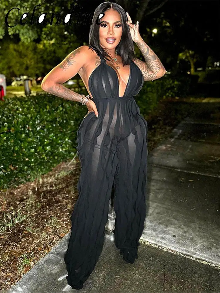 

Комбинезон женский летний сетчатый с V-образным вырезом и открытой спиной