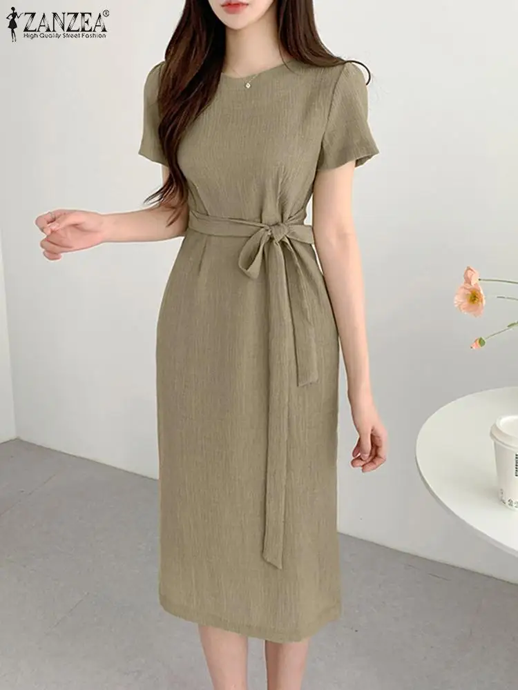 

ZAZNEA Causal Loose Dress Ladies Elegant Work Vestido Women Summer Short Sleeeve Solid Sundress Fashion Loose Lace Up Dresses