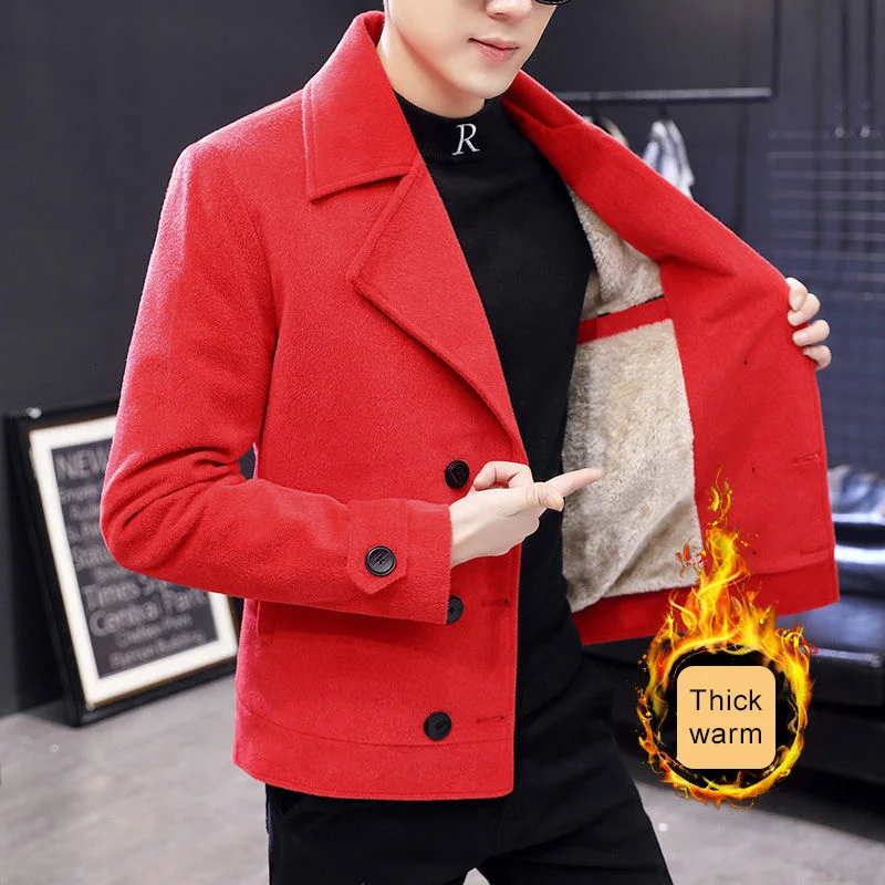 

Double Breasted Suit Collar Woolen Jacket Red Tweed Korean Men Manteau Homme Hiver Winter Coat Abrigo Largo Hombre