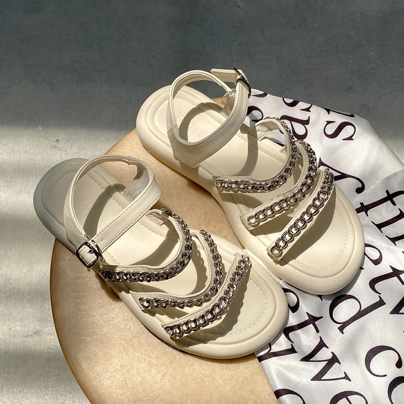 

New Women Sandals Fashion Flats Shoes 2022 Summer Ladies Comfort Casual Outside Sandals Women Shoes Metal Chain Female Shoes