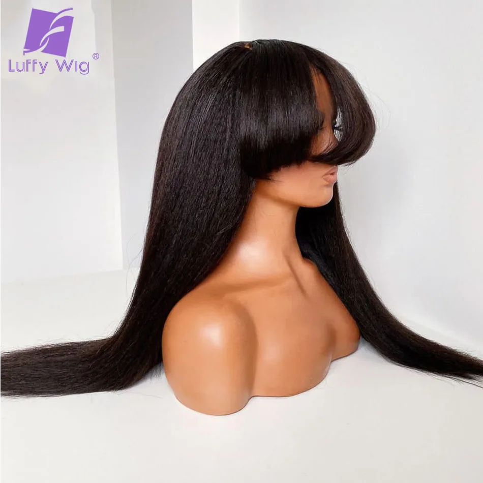 Yaki Straight Wig With Bangs Human Hair Full Machine Made Scalp Top Wig Kinky Straight Wig Brazilian Remy Glueless 200 Density L