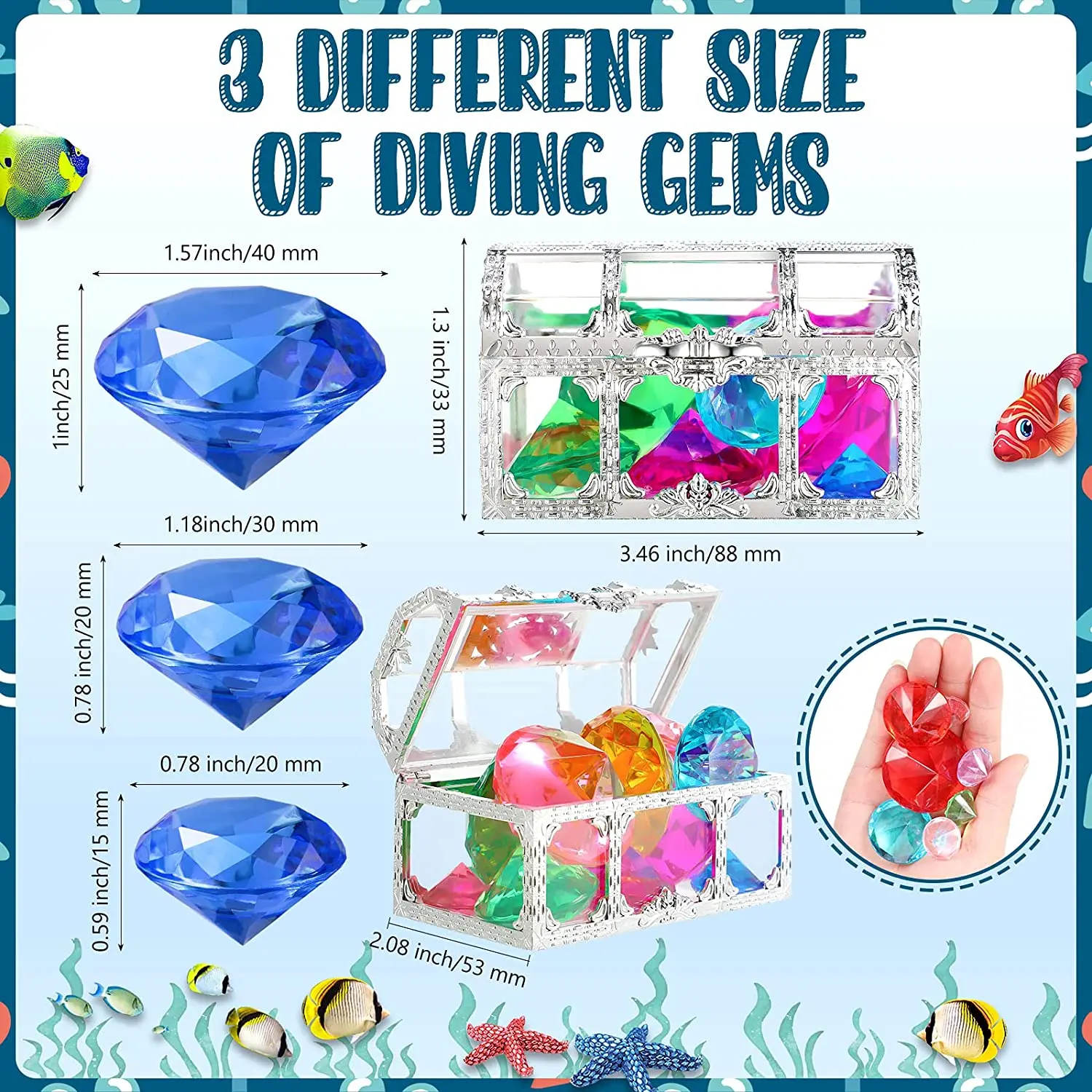 

24 Pcs Diving Gems Pool Toys with 2 Treasure Pirate Boxes Summer Underwater Swimming Playset Party Birthday