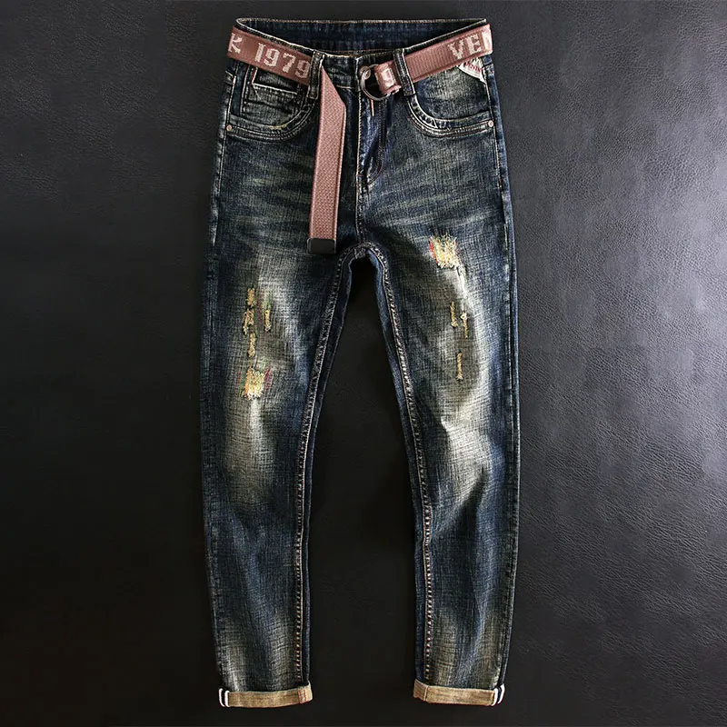 Fashion Designer Men Jeans Retro Blue Elastic Slim Fit Destroyed Ripped Jeans Men Patchwork Vintage Casual Denim Pants Hombre