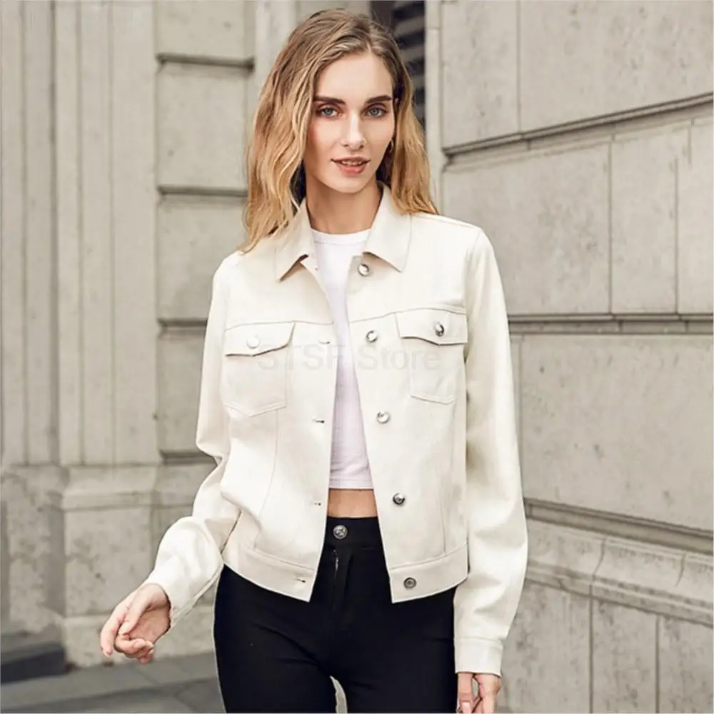 Women Winter Genuine Leather Lapel Jacket Button Belt Pocket Pure Color Coat Fashion Designer Long Sleeve Leisure Lady Top
