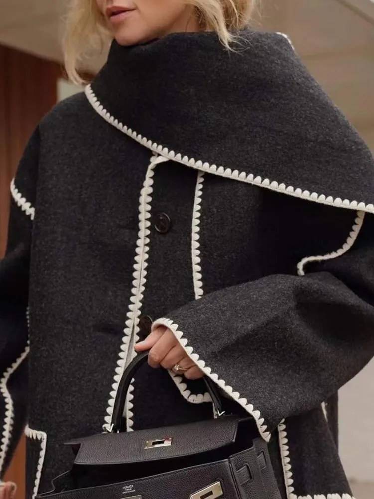 

Tassel Scarf Collar Woolen Coat Crochet Loose Black Coat Women