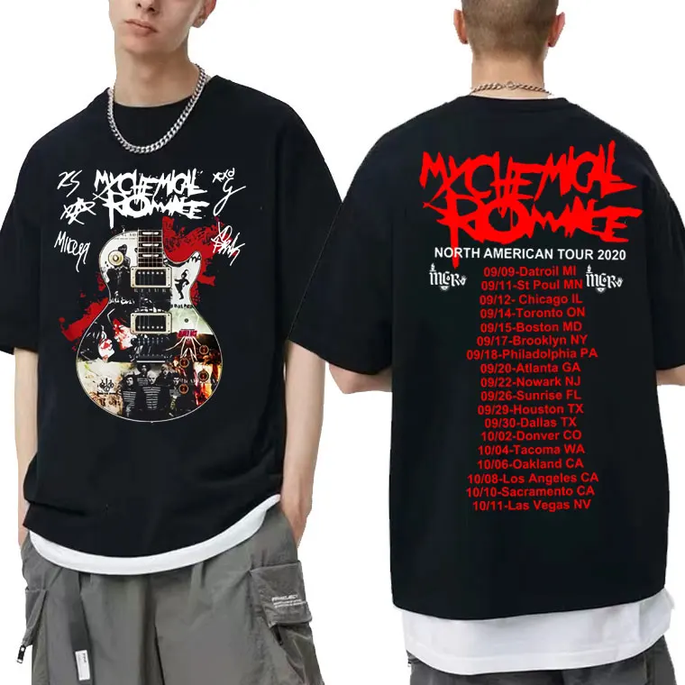 

Branded Rock Band My Chemical Romance Guitar Signatures T-shirts Men Women Cotton Punk Hip Hop Tshirt Tops Mens Crewneck T Shirt