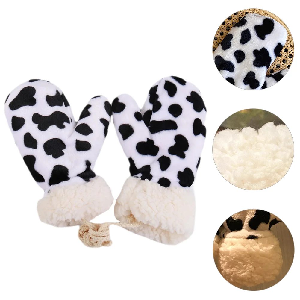 

Winter Mittens Gloves Warm Kid Mitts Thickened Glove Cow Cartoon Plush Christmasfluffy Ski Girlbaby Lanyard Outdoor Toddler