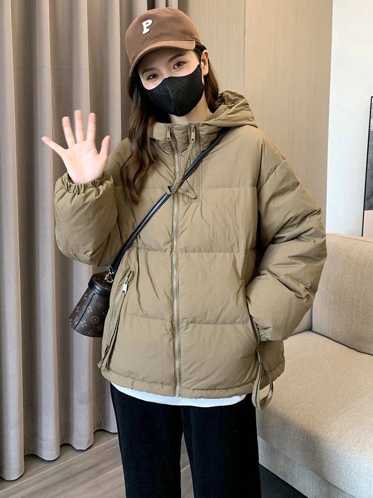 Double Zipper Short Down jacket Women Winter 2024 New Hood Loose down Coat White Duck Down Outerwear Small