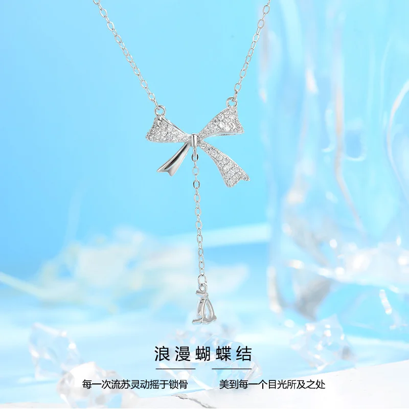 

S925 Sterling Silver Necklace, Female Bow Knot, Tassel, Sweet, Light Luxury, Collar Chain, High Sense, Small Group, Girlfriend,