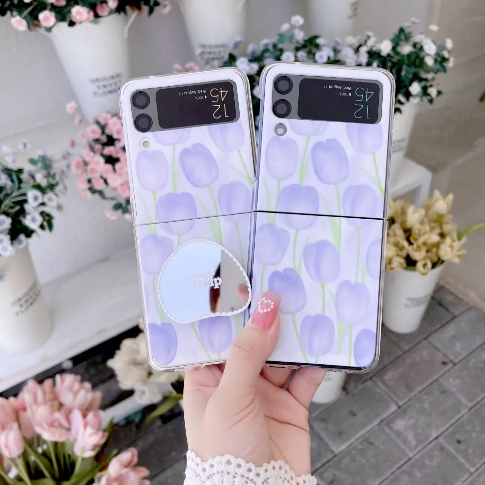 

For Samsung Galaxy Z Flip 4 Case Flower Grip Bracket Mirror Phone Case For Z Flip 3 Flip4 5G Flip 4 Flip3 Shockproof Hard Cover