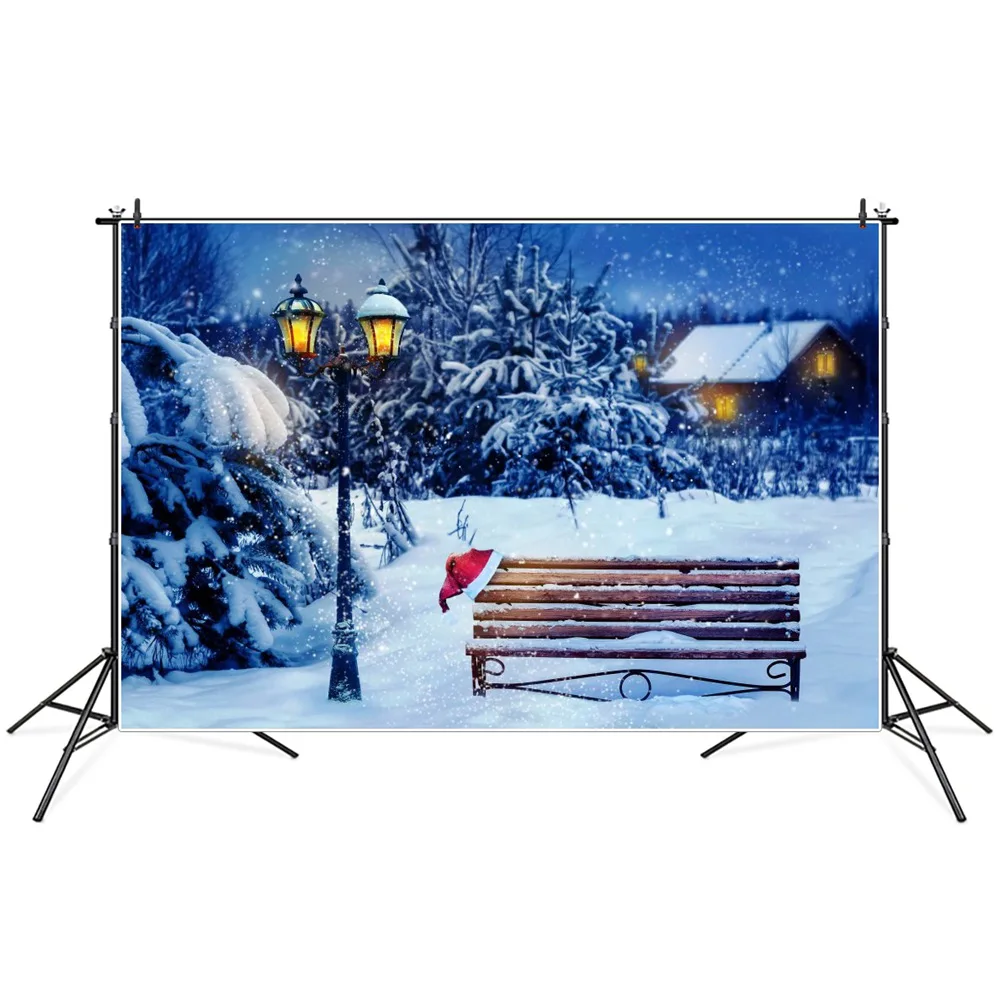 

Christmas Winter Snow Night Lantern Bench Photography Backdrops Custom Party Home Decoration Photo Booth Studio Backgrounds
