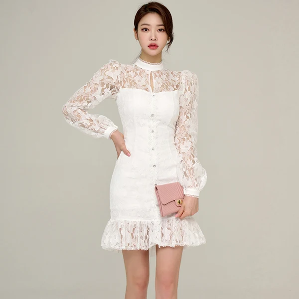 

2022 Summer New Korean Sexy Ruffles Mini Dresses Women's Elegant perspective Lace Office OL Bodycon Party Dress Vestidos