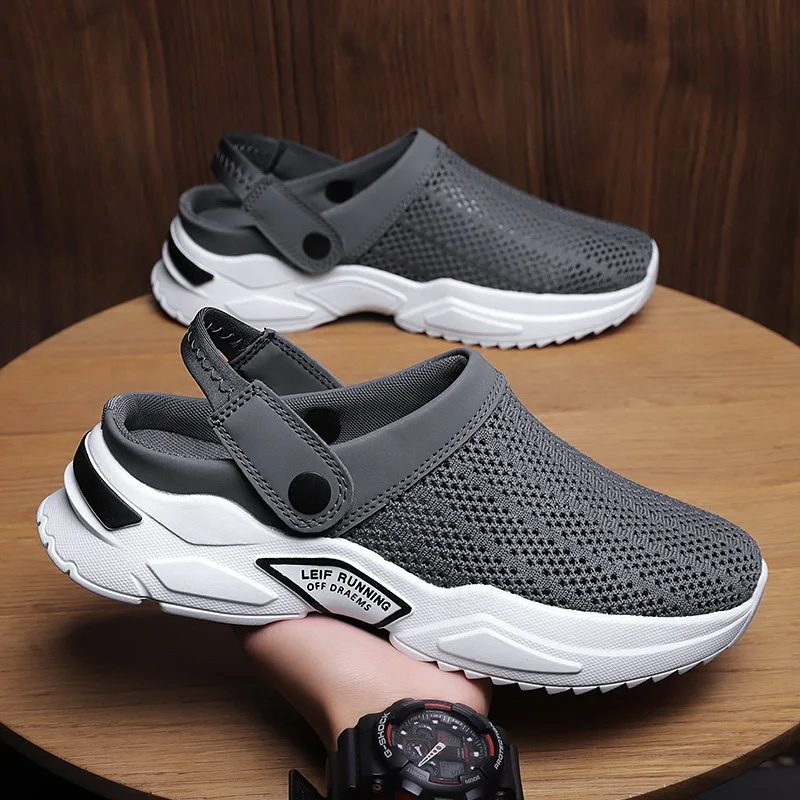 

39-47 Mens Mules & Clogs Summer Sandals Mesh Flat Heel Solid Non-slip Casual Soft Sole Beach Slippers Male Garden Shoes Hw40