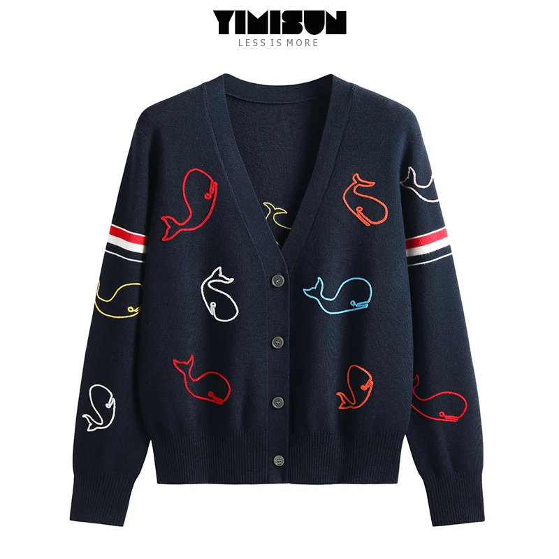 

High Quality TB Design Sense Dolphin Embroidery V-neck Knitted Cardigan Women's Loose and Versatile Long Sleeved Jacket