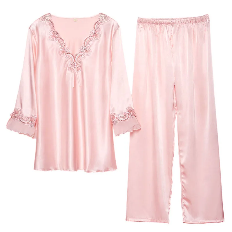 Women 2 Pieces Satin Silk Sleepwear Long Sleeve V-neck Top and Pants Pajamas Set