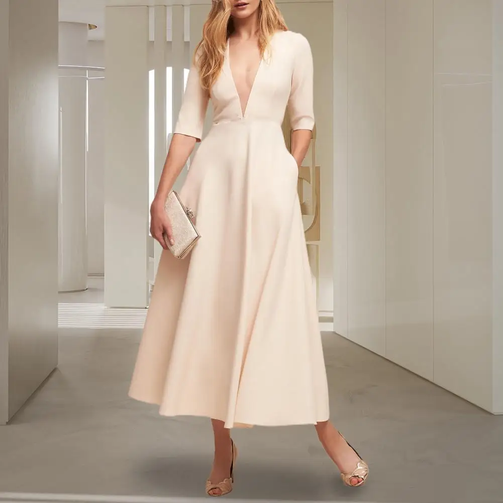 

Side Pockets Charming Women A-Line Pure Color Basic Long Dress Comfortable Midi Dress Deep V-Neck Female Clothes