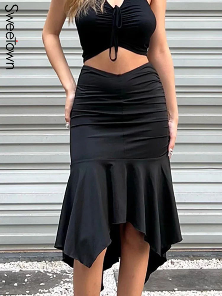 

Юбка миди женская черная трапециевидная с высокой талией