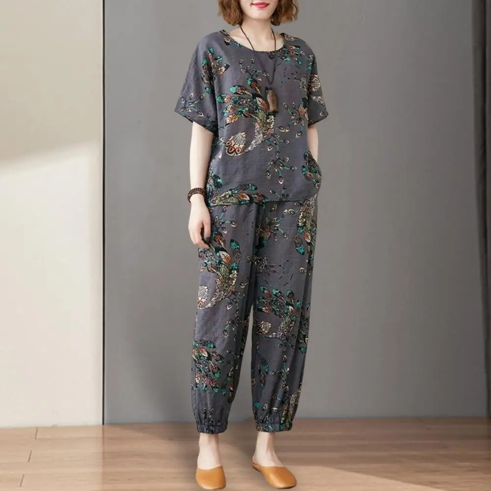 

2Pcs/Set Top Pants Set Short Sleeve Retro Outfit Peacock Print Vintage Office Lady Outfit