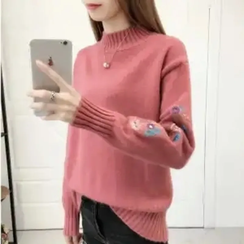 

Fashion Khaki Knitted Sweater Women Floral Embroidery Thick Pullovers Female Long Sleeve Half Turtleneck Ladies Harajuku Loose