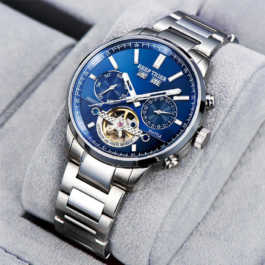 

Reef Tiger Mens Automaic Watches Luxury Men Watch Skeleton 100m Waterproof Mechanical Wristwatch Sapphire Steel Strap RGA1667