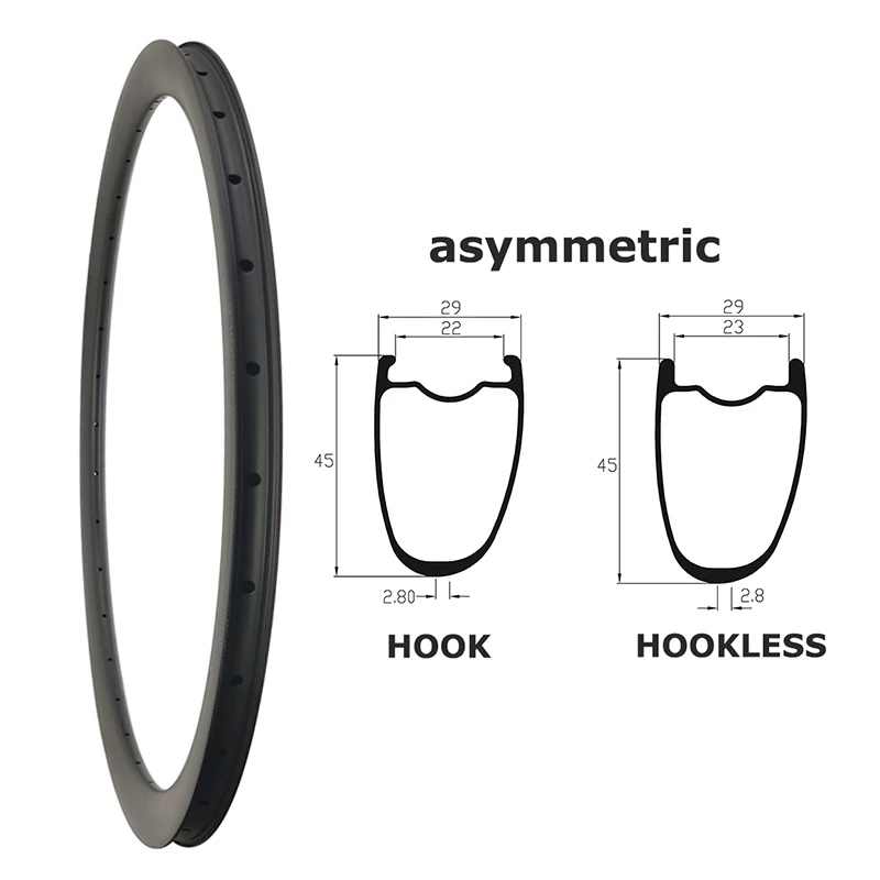 

Asymmetric 45mm x 29mm Carbon Disc Wheel Tubeless Hookless/Hook Clincher Bike 22-23mm UD 3K Matte Gravel 700C Road Bicycle Rims