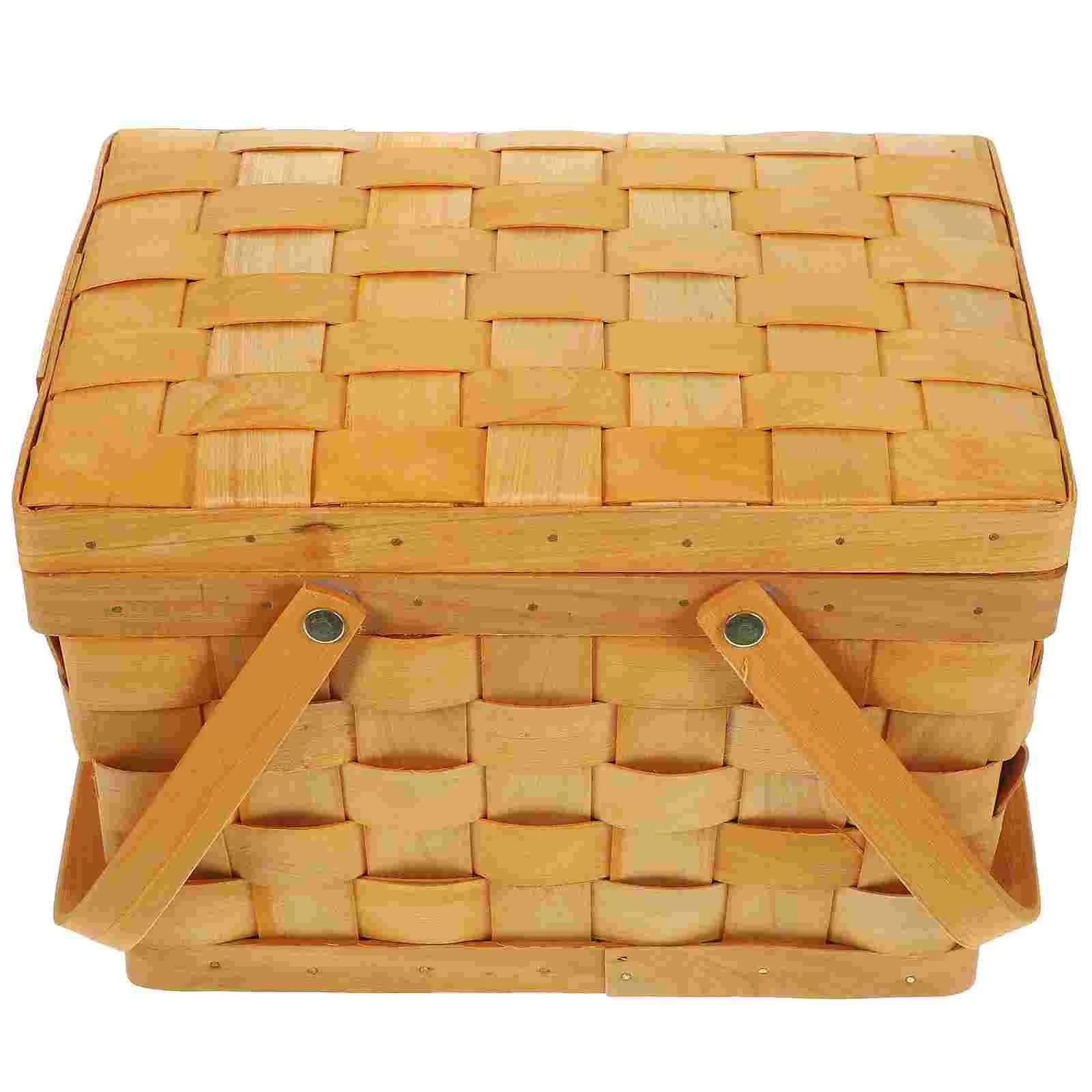 

Wooden Picnic Basket Small Rustic Decor Baskets Handles Storage Garden Gathering Vegetables Lidded Woven