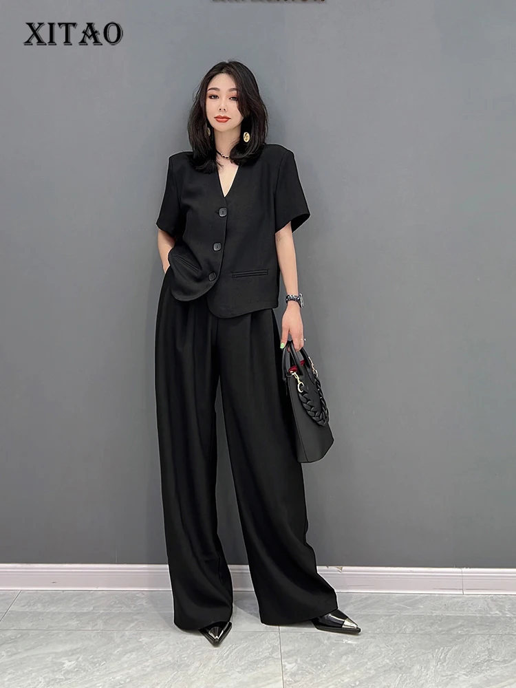 

XITAO Solid Color V-neck Single Breasted Loose Pant Sets 2022 Summer New Arrival Casual Fashion Temperament All Match ZY7082