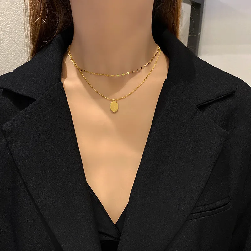 

Double Layer Necklace Gold Plated Disc Pendant Necklace Simple Titanium Steel Collar Clavicle Chain Women Luxury 2022 Jewelry