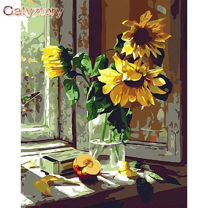 

GATYZTORY Acrylic Painting By Numbers Crafts Canvas Painting Window Front Flowers DIY Coloring By Numbers Wall art Home Decor
