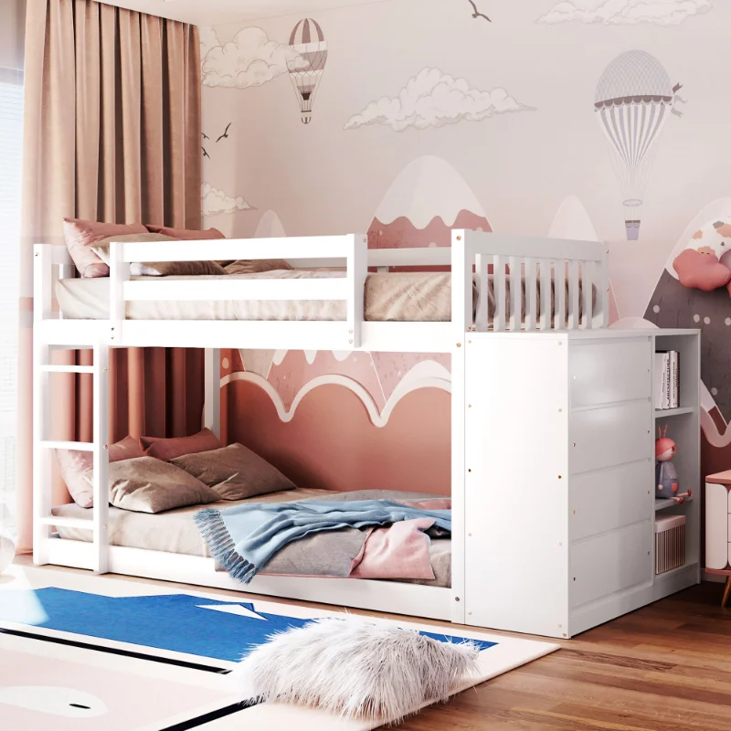 

Twin Over Twin Bunk Bed with 4 Drawers and 3 Shelves-White（OLD SKU: LP000067AAK） White Solid Wood [US Stock]